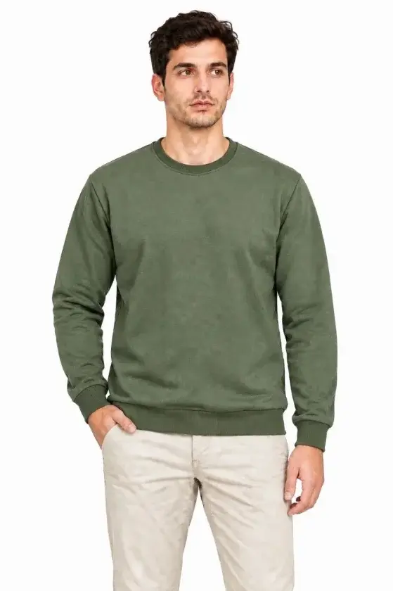 Erkek Bisiklet Yaka İçi Şardonlu 2 İplik Düz Uzun Kollu Regular Fit Sweatshirt -Haki