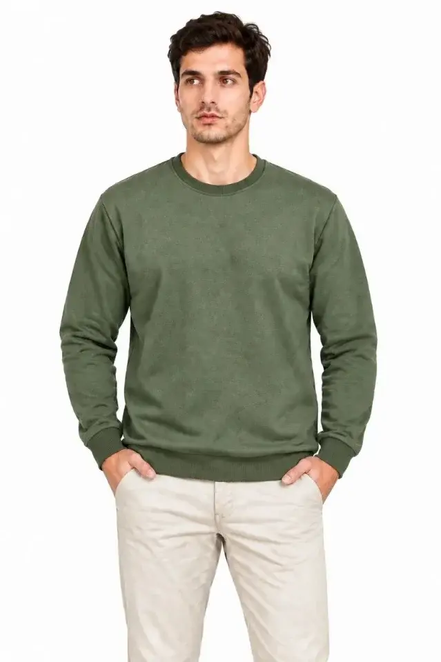 Erkek Bisiklet Yaka İçi Şardonlu 2 İplik Düz Uzun Kollu Regular Fit Sweatshirt -Haki