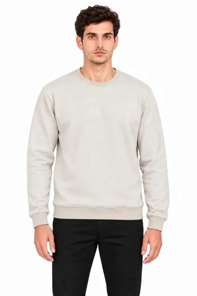 Erkek Bisiklet Yaka İçi Şardonlu 2 İplik Düz Uzun Kollu Regular Fit Sweatshirt - Gri