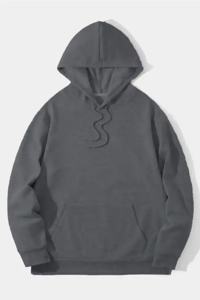 Erkek 3 İplik Pamuklu Kapüşonlu Kanguru Cepli Sweatshirt Hoodie - Füme