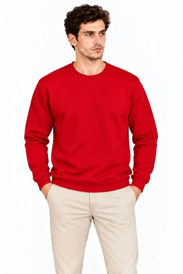 Erkek Bisiklet Yaka İçi Şardonlu 2 İplik Düz Uzun Kollu Regular Fit Sweatshirt - Kırmızı