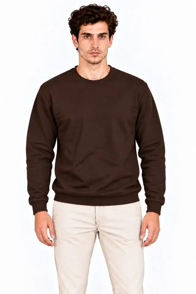 Erkek Bisiklet Yaka İçi Şardonlu 2 İplik Düz Uzun Kollu Regular Fit Sweatshirt - Kahverengi