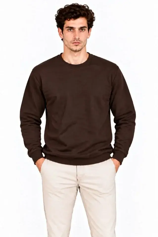 Erkek Bisiklet Yaka İçi Şardonlu 2 İplik Düz Uzun Kollu Regular Fit Sweatshirt - Kahverengi
