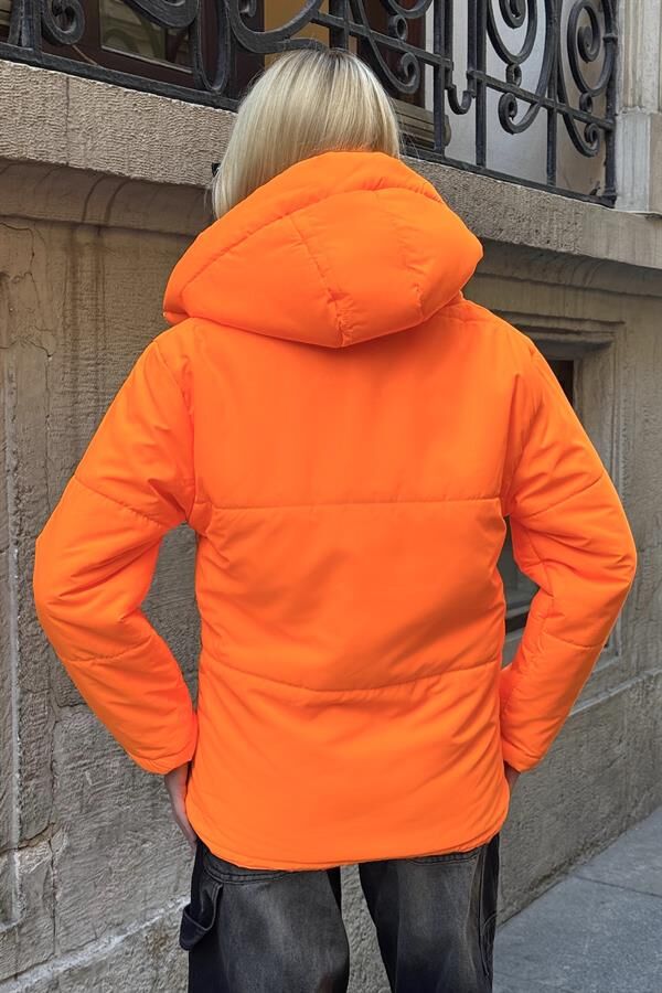 Neon Turuncu Su Geçirmez Kapüşonlu Şişme Mont