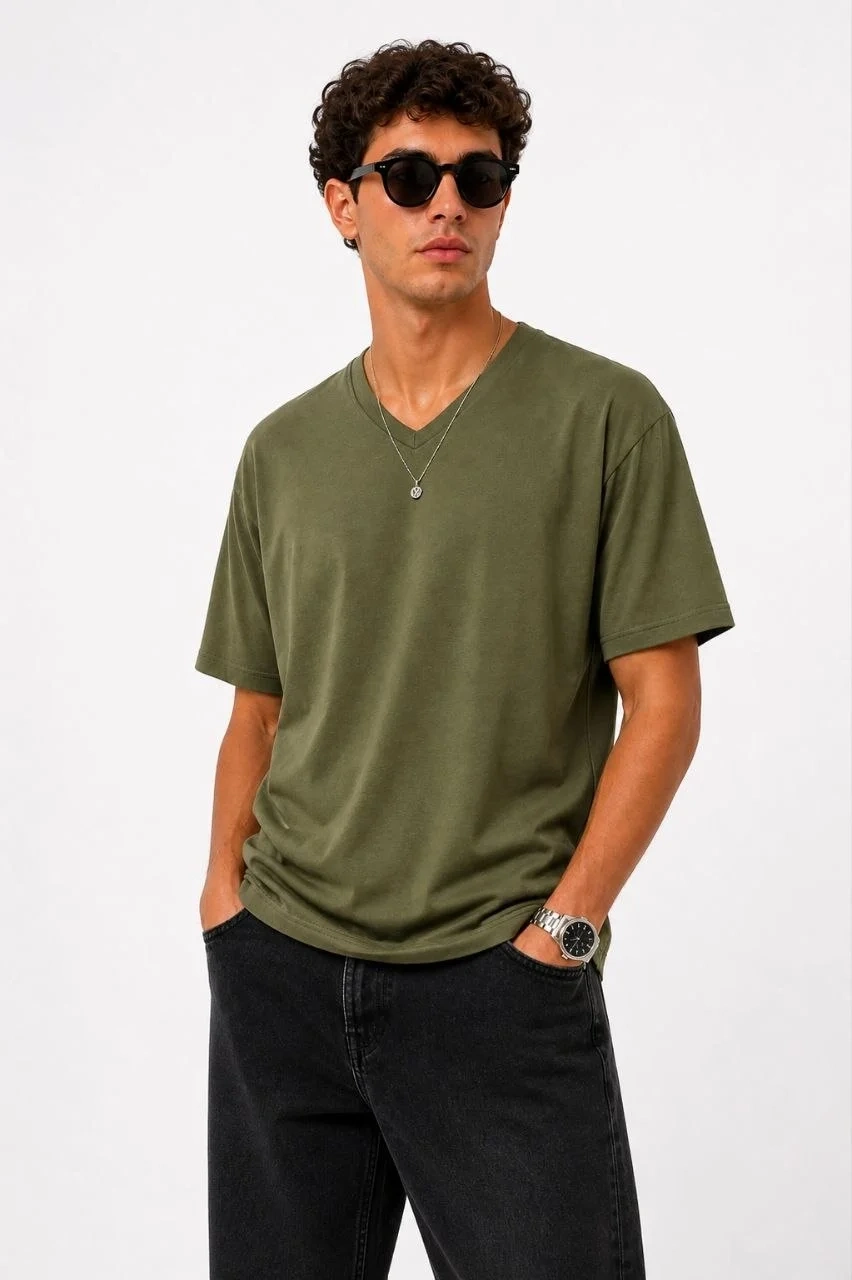 Erkek V Yaka Basic Tişört Kısa Kol Yazlık Regular Fit T-Shirt - Haki