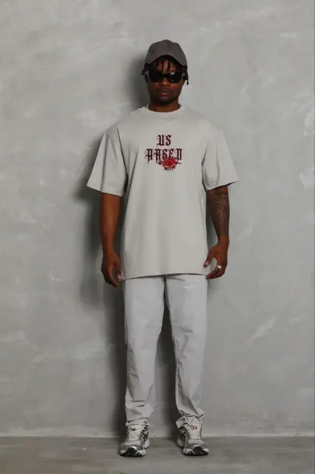 Erkek Baskılı T-Shirt Kısa Kol Bisiklet Yaka Regular Fit Rahat Kalıp Günlük Tişört - Gri