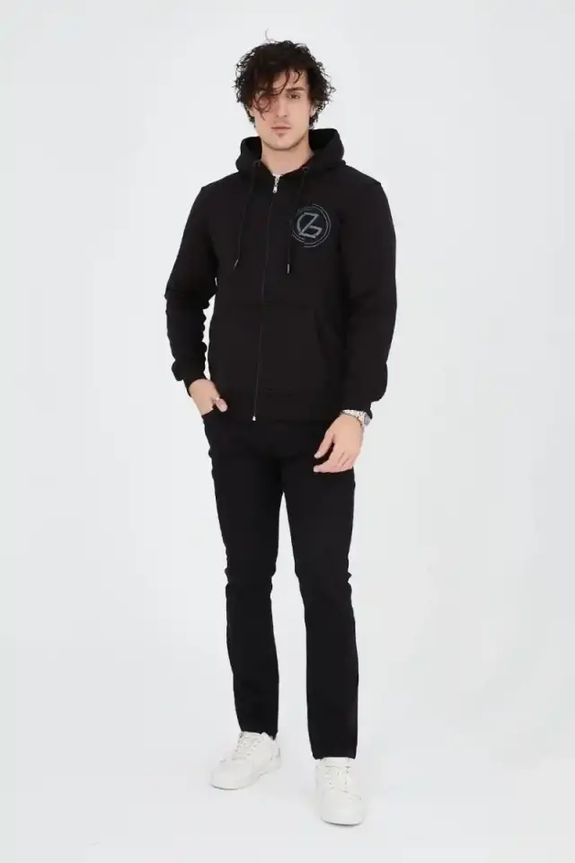 Erkek 3 İplik Pamuklu Fermuarlı Kapüşonlu Kanguru Cepli Baskılı Hoodie Hırka Sweatshirt - Siyah