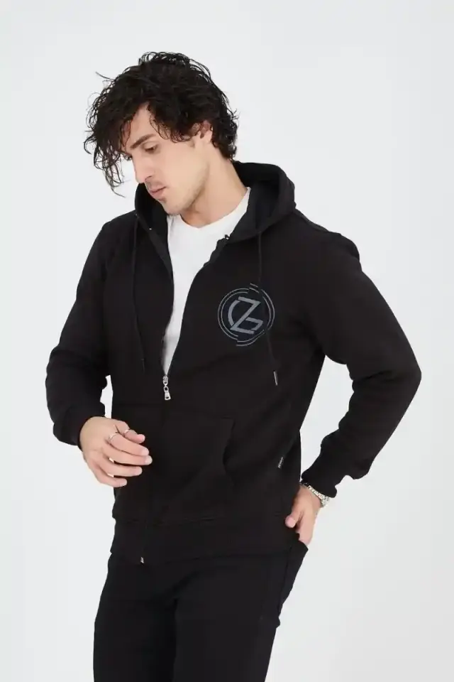 Erkek 3 İplik Pamuklu Fermuarlı Kapüşonlu Kanguru Cepli Baskılı Hoodie Hırka Sweatshirt - Siyah