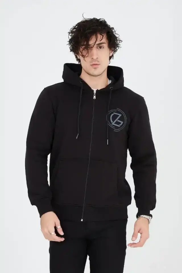 Erkek 3 İplik Pamuklu Fermuarlı Kapüşonlu Kanguru Cepli Baskılı Hoodie Hırka Sweatshirt - Siyah
