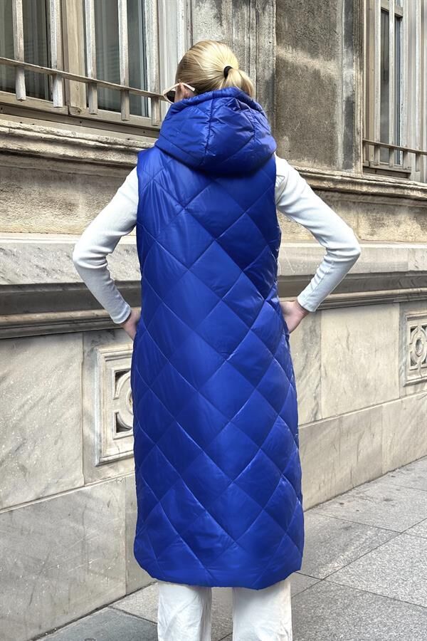 Saks Mavi Kapüşonlu Cepli Baklava Desen Uzun Şişme Yelek