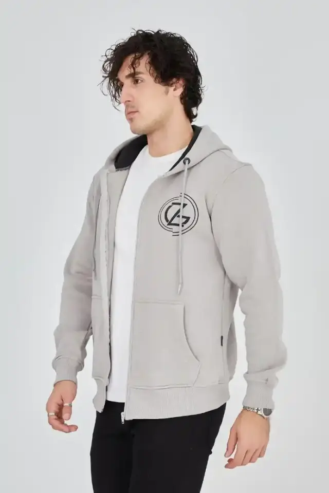 Erkek 3 İplik Pamuklu Fermuarlı Kapüşonlu Kanguru Cepli Hoodie - Boyalı Gri