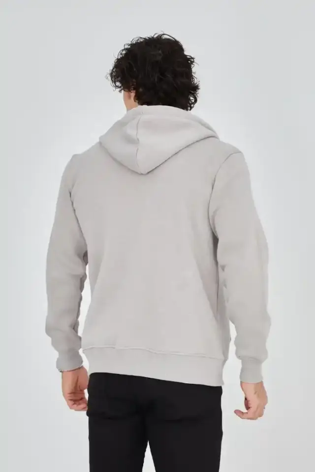 Erkek 3 İplik Pamuklu Fermuarlı Kapüşonlu Kanguru Cepli Hoodie - Boyalı Gri
