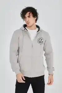 Erkek 3 İplik Pamuklu Fermuarlı Kapüşonlu Kanguru Cepli Hoodie - Boyalı Gri