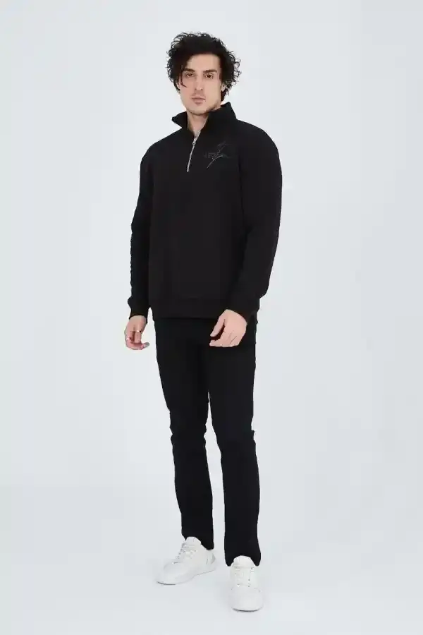 Erkek Yarım Fermuarlı Baskılı 3 iplik pamuklu sweatshirt - Siyah