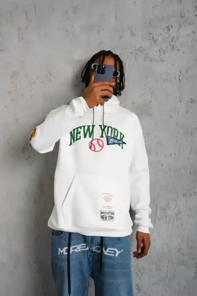 Erkek 3 İplik Pamuklu Kapüşonlu Baskılı Cepli Oversize Sweatshirt Hoodie - Beyaz