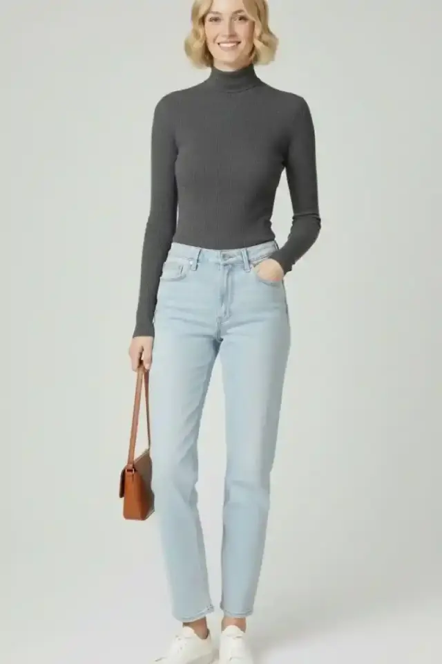 Kadın Tam Boğazlı Fitilli Likrali Kaşkorse Slimfit Badi  - Antrasit