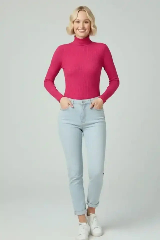 Kadın Tam Boğazlı Fitilli Likralı Kaşkorse Badi İnce Uzun Kollu -  Pembe