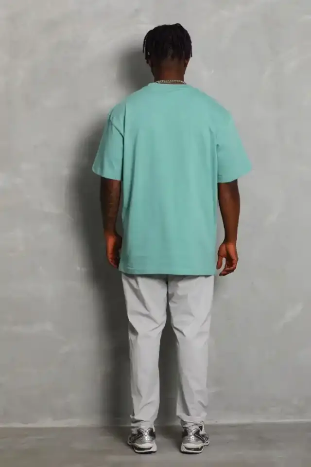 Erkek Düz Yazlık Kısa Kol Tişört Bisiklet Yaka Oversize T-Shirt - Mint Yeşili