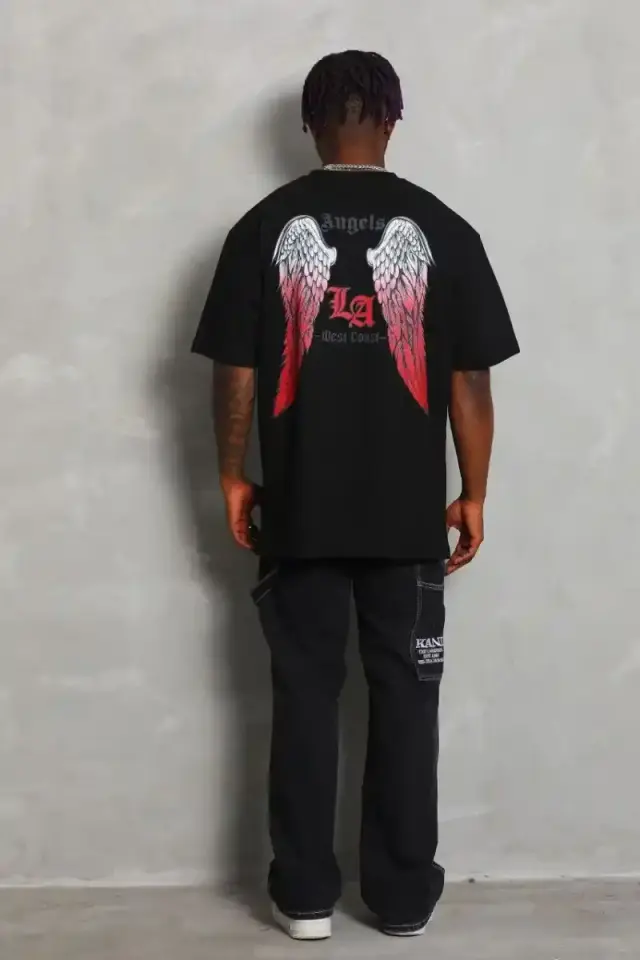 Erkek Baskılı Tişört Kısa Kol Bisiklet Yaka Oversize T-Shirt - Siyah