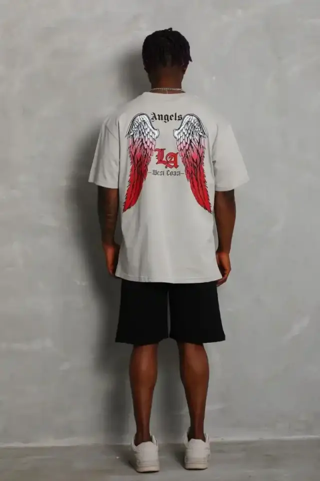 Erkek Baskılı Tişört Kısa Kol Bisiklet Yaka Oversize T-Shirt - Gri