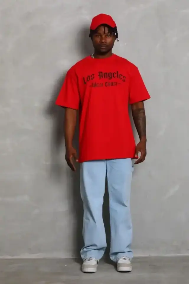 Erkek Baskılı Tişört Kısa Kol Bisiklet Yaka Oversize T-Shirt - Kırmızı