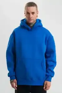 Erkek Oversize 3 İplik Pamuklu Kapüşonlu Kanguru Cepli Hoodie Sweatshirt - Saks Mavisi