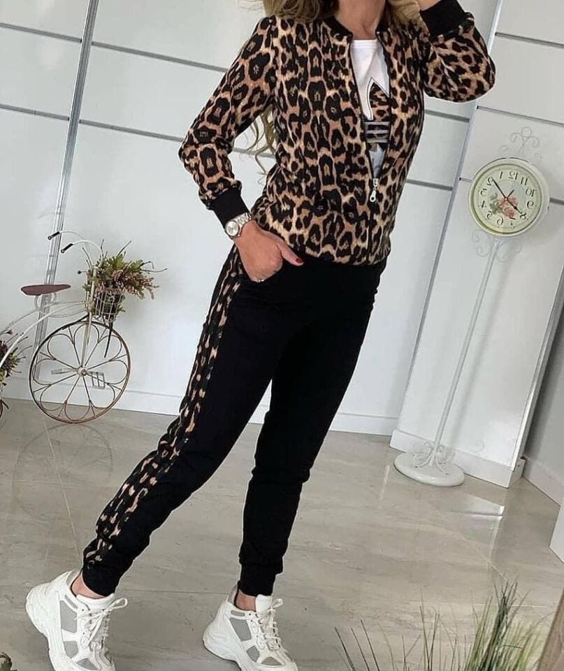 Kadın Uzun Kollu önden Fermuarlı Leopar Desen Detaylı Viskon Iki Iplik Kumaş Ikili Takım