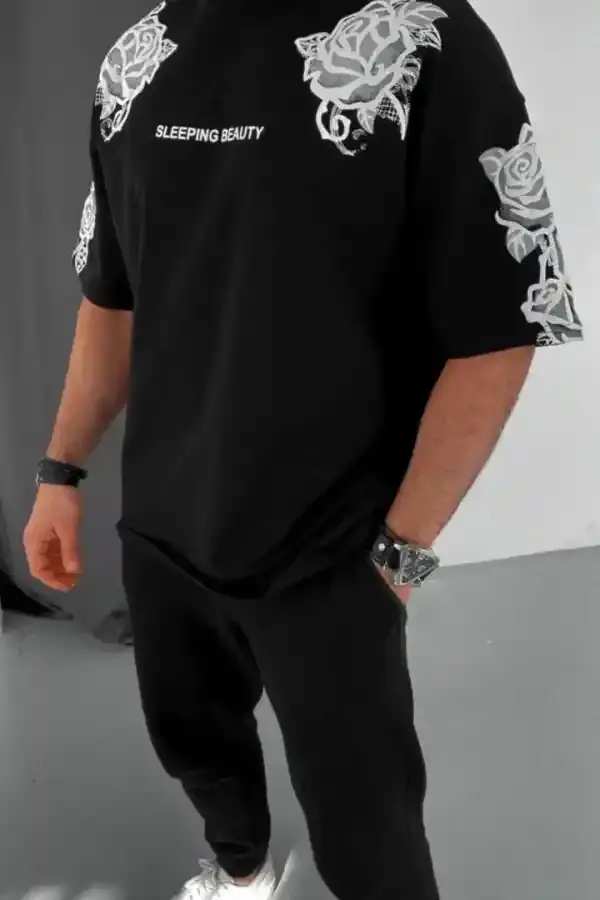 Erkek Kısa Kol Yazlık Tişört Bisiklet Yaka Baskılı Oversize T-Shirt - Siyah