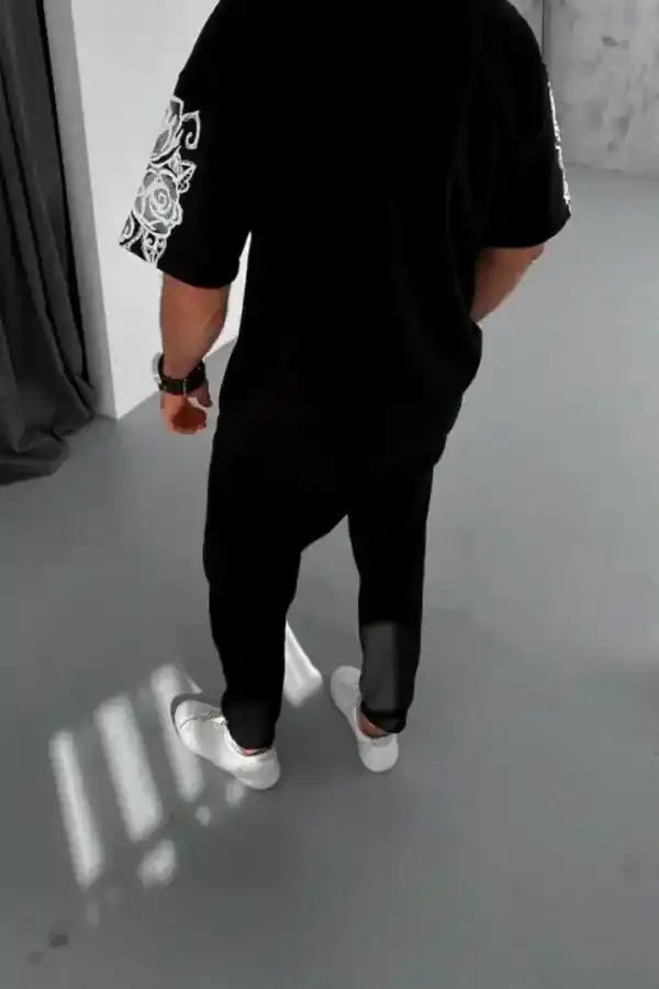 Erkek Kısa Kol Yazlık Tişört Bisiklet Yaka Baskılı Oversize T-Shirt - Siyah