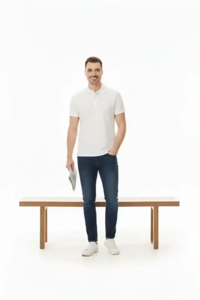 Erkek Polo Yaka Düğmeli Pike Kumaş Tişört Regular Fit Kısa Kol T-Shirt - Beyaz