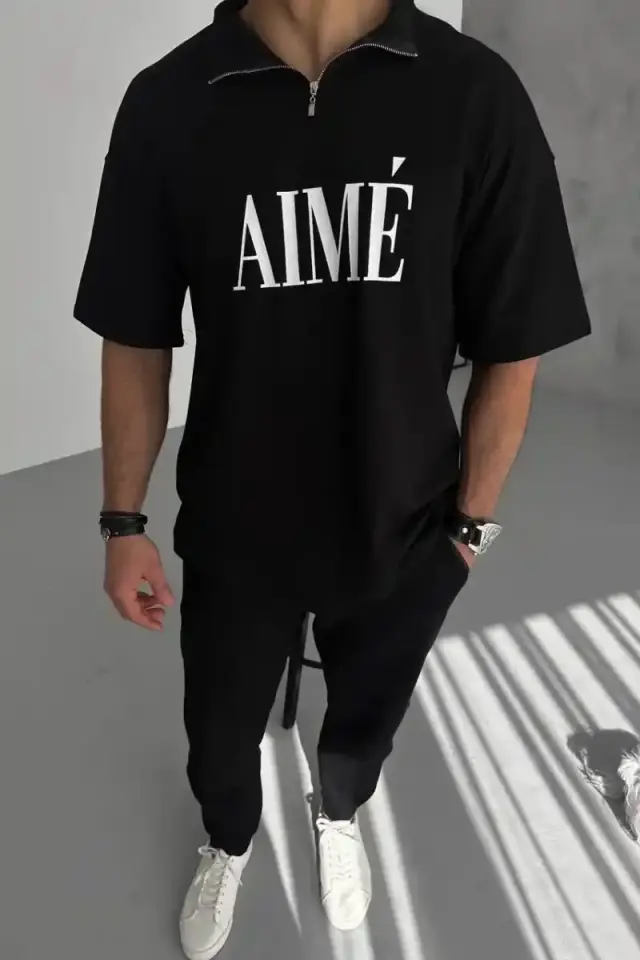 ERKEK Tişört Yakalı Yarım Fermuarlı  Kısa Kol Baskılı T-Shirt - Siyah