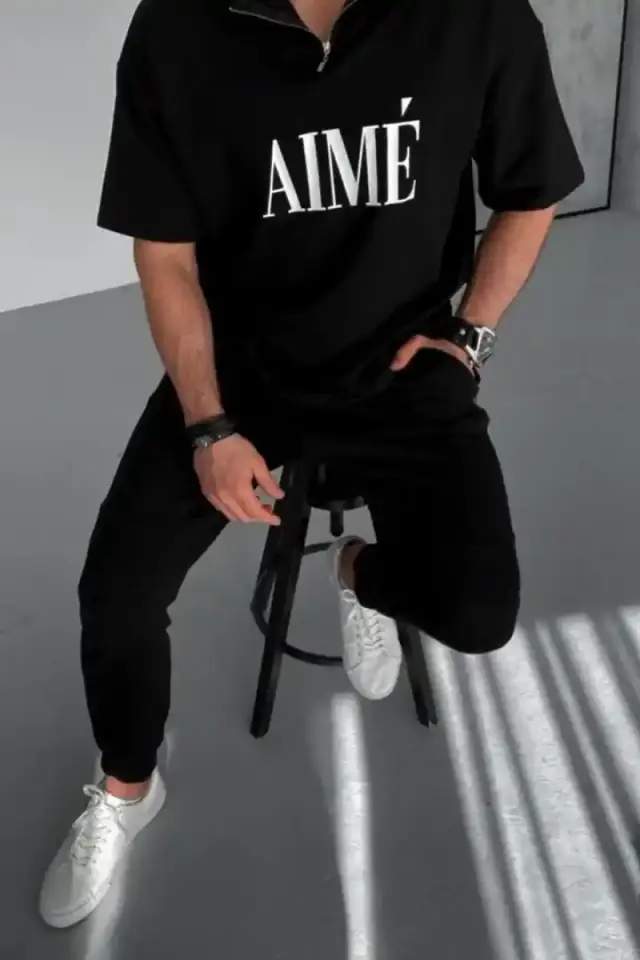 ERKEK Tişört Yakalı Yarım Fermuarlı  Kısa Kol Baskılı T-Shirt - Siyah