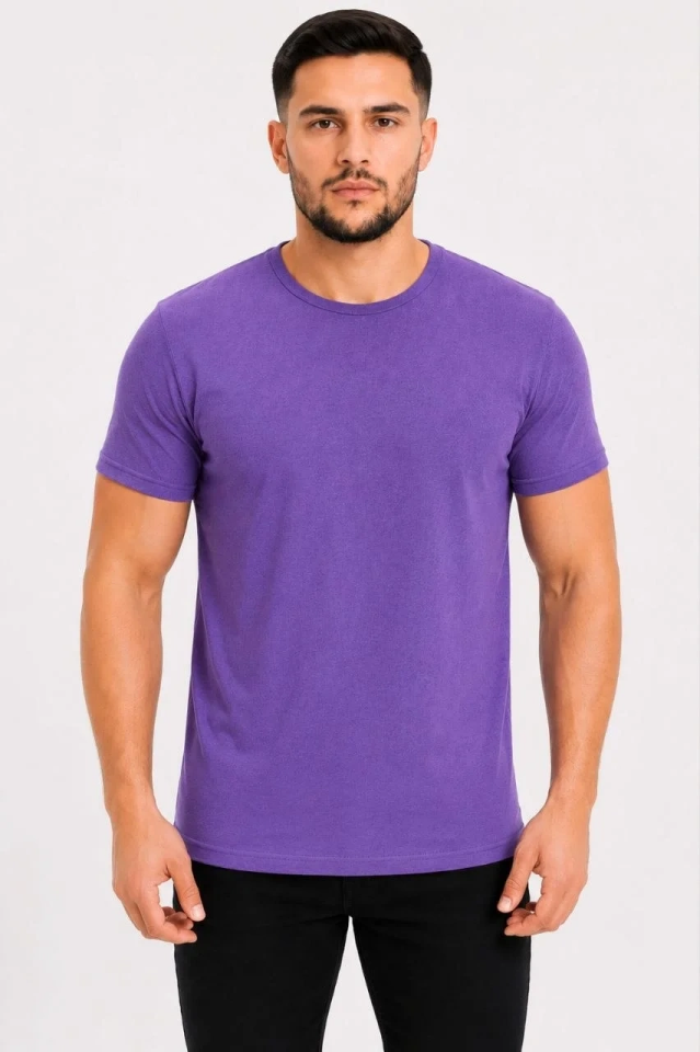 Erkek Basic Tişört Bisiklet Yaka Kısa Kol Günlük Yazlık Slim fit T-Shirt - Mor