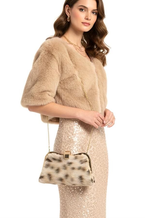 Bej Suni Kürk Zincirli El Ve Omuz Clutch Portföy Çanta