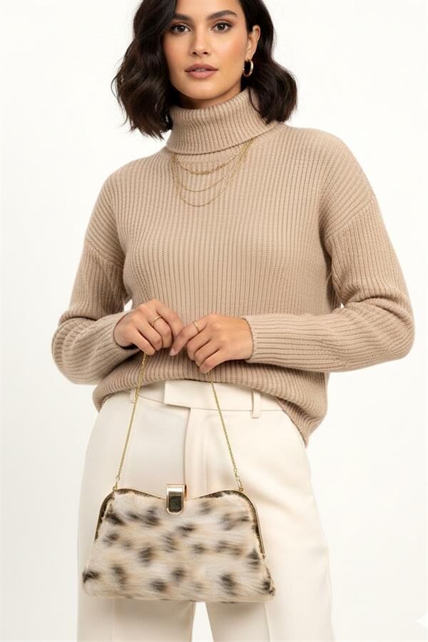 Bej Suni Kürk Zincirli El Ve Omuz Clutch Portföy Çanta