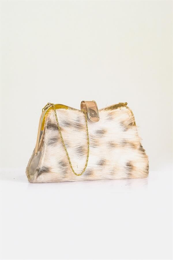 Bej Suni Kürk Zincirli El Ve Omuz Clutch Portföy Çanta