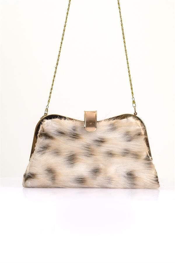 Bej Suni Kürk Zincirli El Ve Omuz Clutch Portföy Çanta