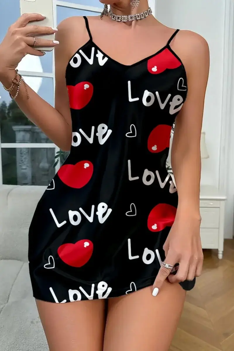 Morliva Love Desenli Siyah Saten Gecelik