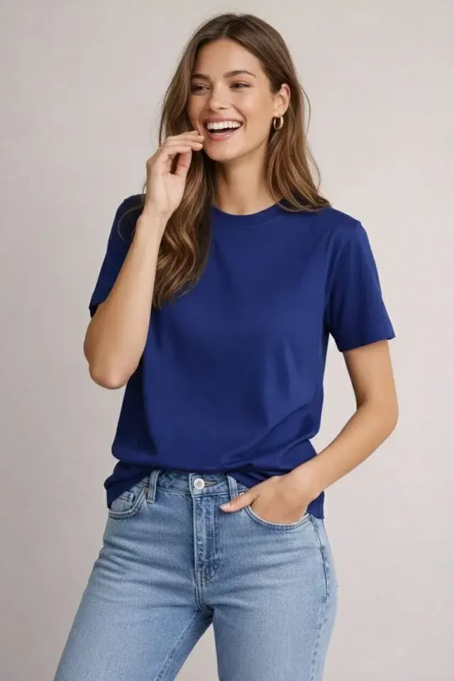 Osy Modal Yumuşak Dokulu Kumaş Bisiklet Yaka T-shirt - Lacivert