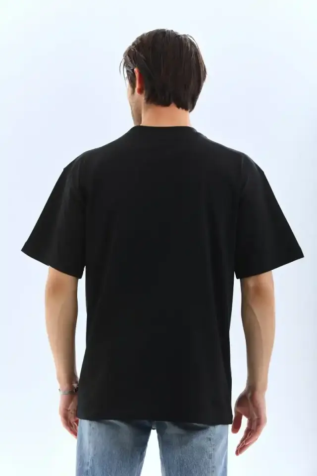 Erkek Düz Yazlık Kısa Kol Tişört Bisiklet Yaka Oversize T-Shirt - Siyah