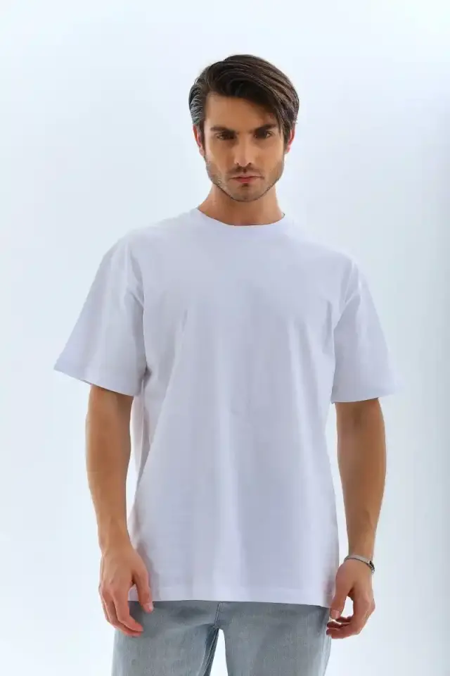 Erkek Düz Yazlık Kısa Kol Tişört Bisiklet Yaka Oversize T-Shirt - Beyaz