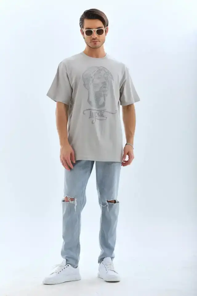 ERKEK Tişört TAŞ Detaylı Bisiklet Yaka  Kısa kol T-Shirt - Gri