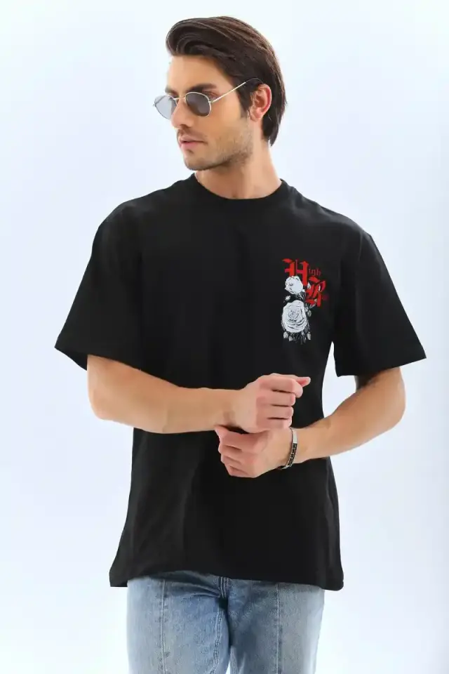 Erkek Baskılı T-Shirt Kısa Kol Bisiklet Yaka Rahat Kalıp Tişört  - Siyah