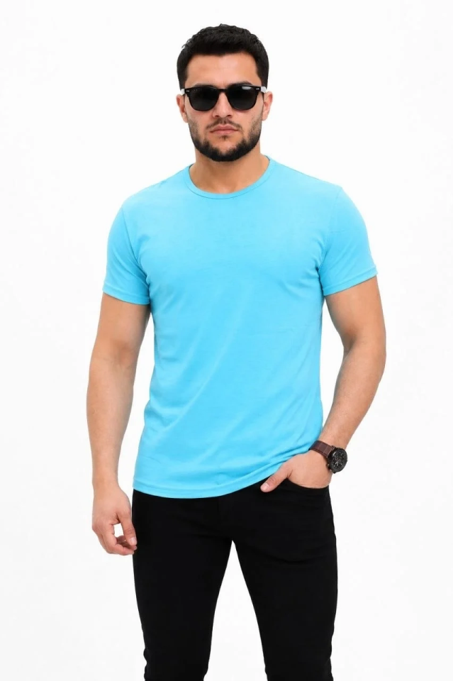 Erkek Basic Tişört Bisiklet Yaka Kısa Kol Günlük Yazlık Slim fit T-Shirt - Açık Mavi