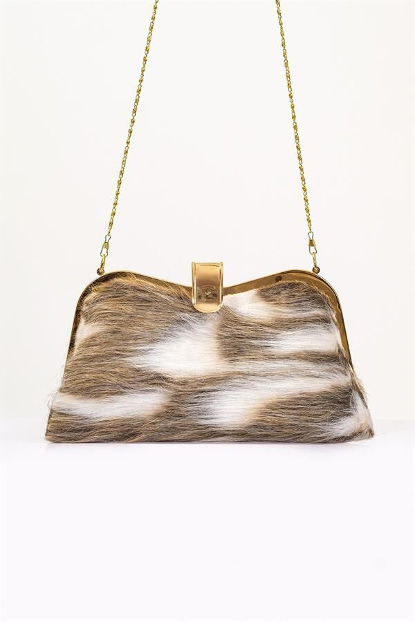Kahverengi Desenli Suni Kürk Zincirli El Ve Omuz Clutch Portföy Çanta
