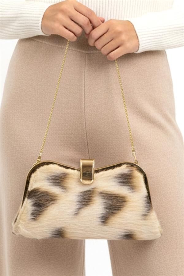 Bej Desenli Suni Kürk Zincirli El Ve Omuz Clutch Portföy Çanta