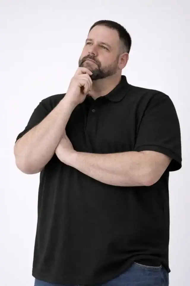 Erkek Polo Yaka Düğmeli Tişört Pike Kumaş Battal Beden Kısa Kol T-Shirt - Siyah