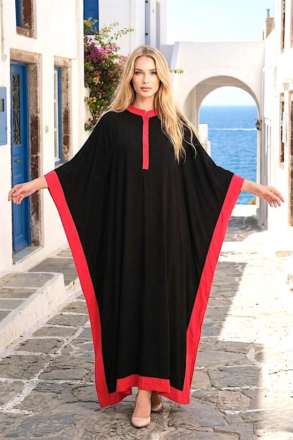 Siyah Kırmızı Garnili Sırtı Çiçek Nakışlı Püsküllü Yarasa Kol Yırtmaçlı Oversize Uzun Elbise