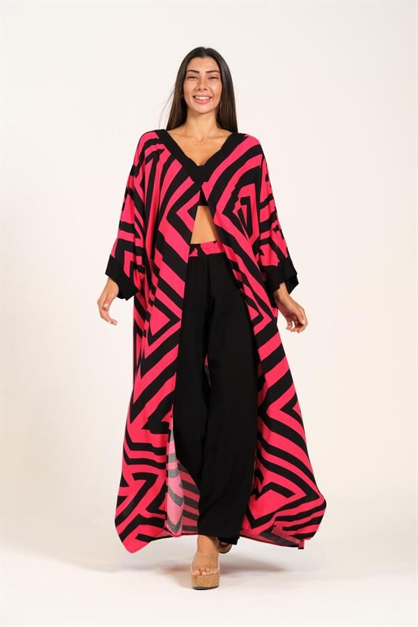 Fuşya Siyah Desenli V Yaka Önden Yırtmaçlı Cepli Tunik Pantolon İkili Takım
