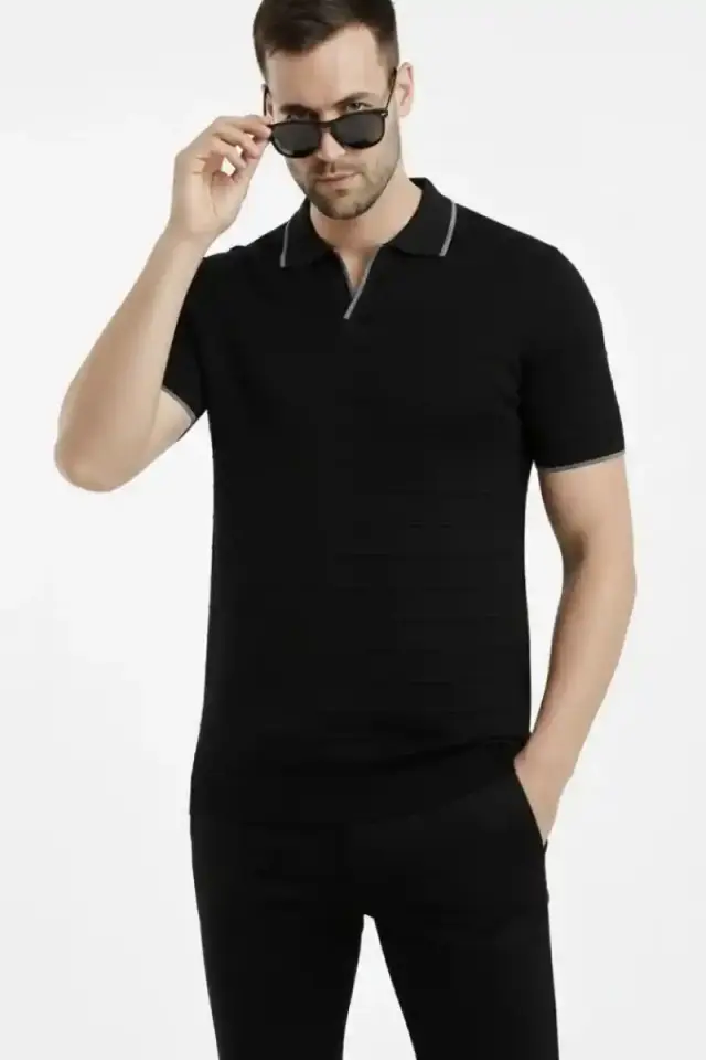 Erkek Yazlık Dokuma Triko Tişört Düğmesiz Polo Yaka Kısa Kol T-Shirt - Siyah